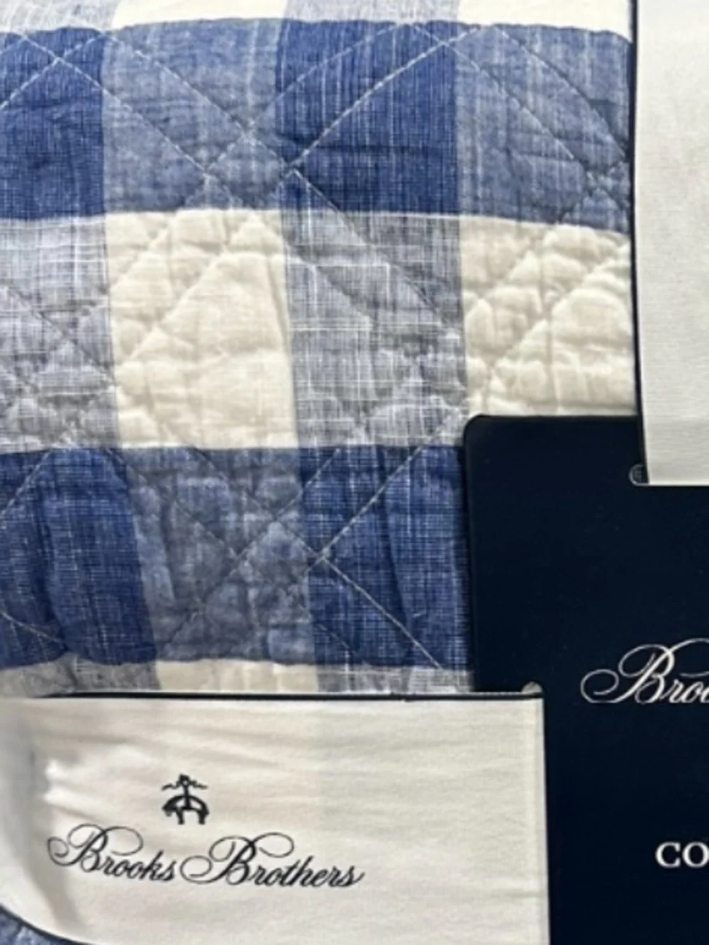 Brooks Brothers Checkered Blue and White Cotton Slub Queen Quilt w/Ruffle Trim